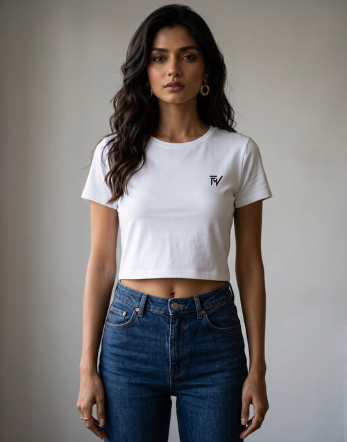 Fourthwave white cotton blend cropped t-shirt with crew neck and embroidered logo on chest.