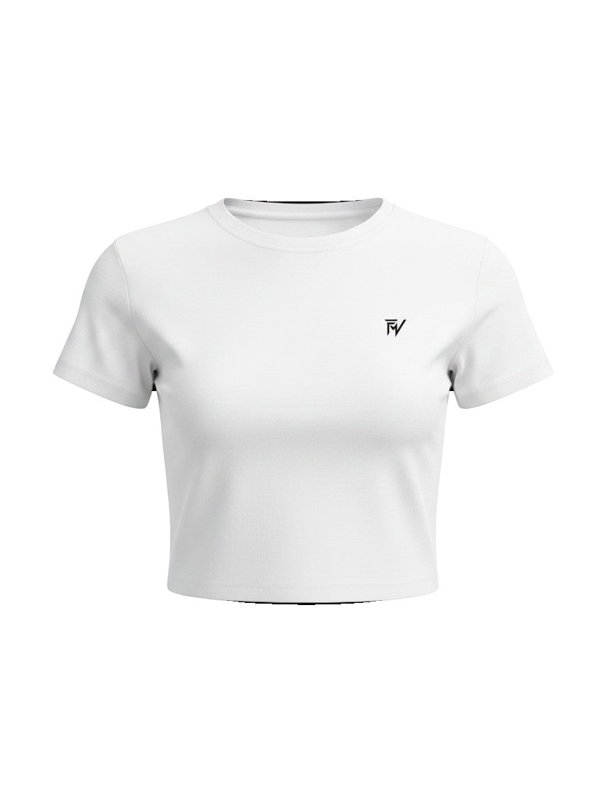 Fourthwave white cotton blend cropped t-shirt with crew neck and embroidered logo on chest.