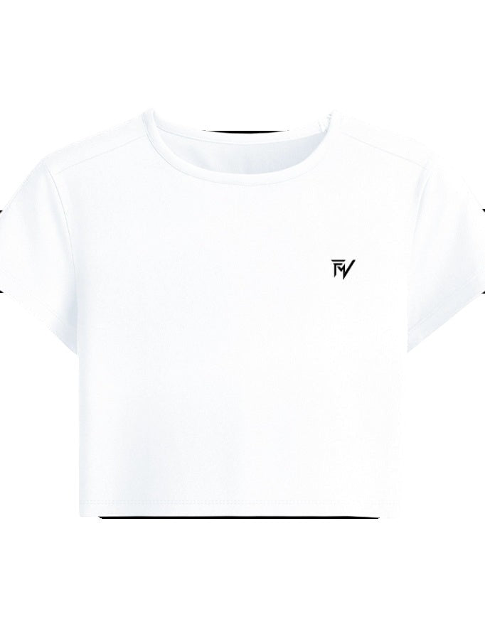 Fourthwave white cropped t-shirt with crew neck, short sleeves, and embroidered logo on chest.