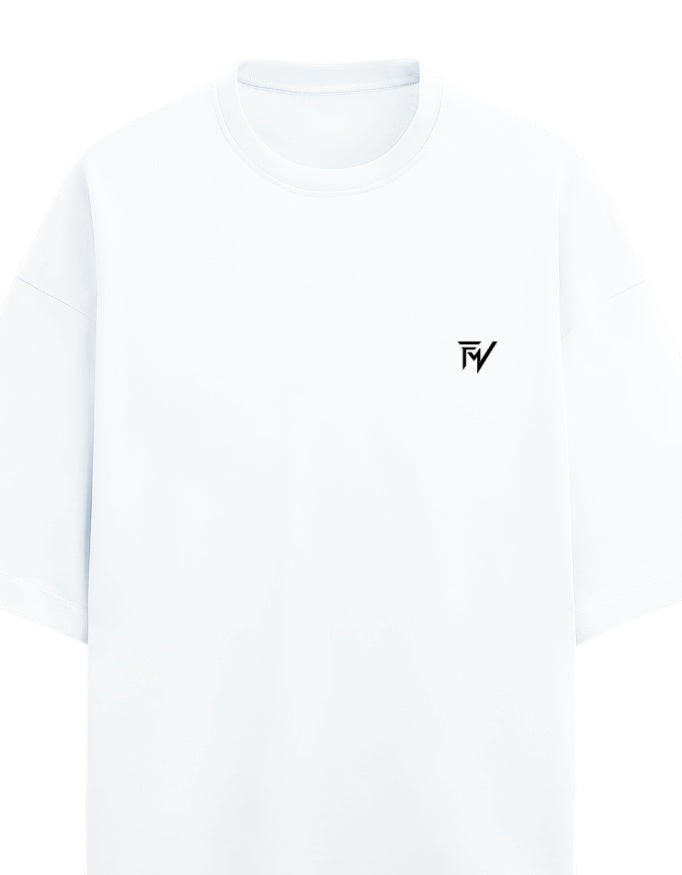 Fourthwave white oversized tee with terry-knit texture and small black logo on chest. Unisex fit.