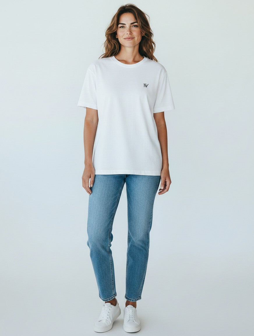 Fourthwave white 100% cotton oversized t-shirt with small black logo on chest. Heavyweight fabric.