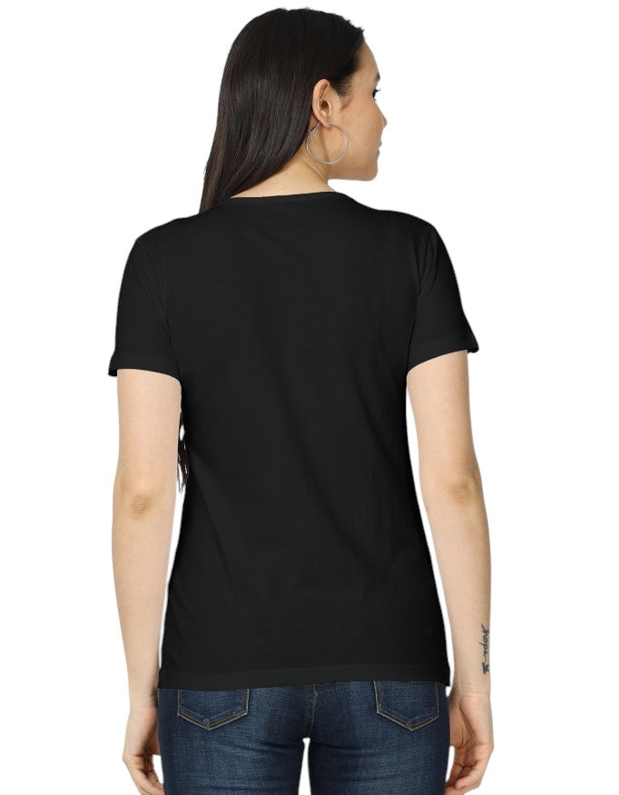 Fourthwave Women's Classic T-Shirt, black 100% cotton, regular fit, short sleeves. Model is wearing jeans.