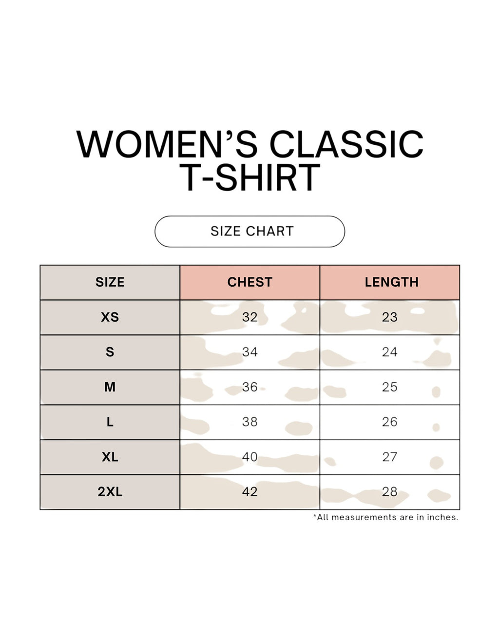 Fourthwave Women's Classic T-Shirt size chart with chest and length measurements for sizes XS to 2XL.