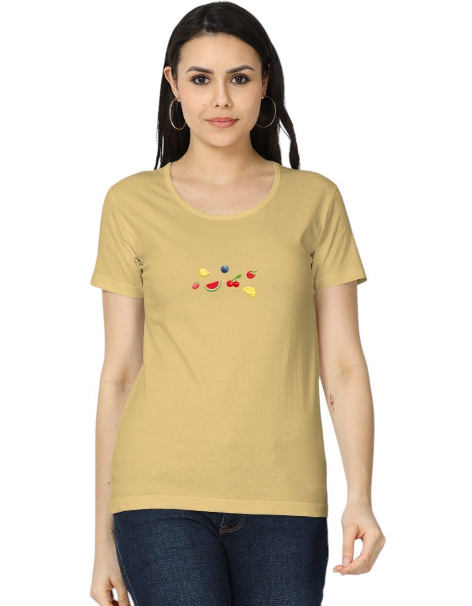 Fourthwave Women's classic fit t-shirt in light yellow, made of 100% cotton with a small embroidered fruit graphic.