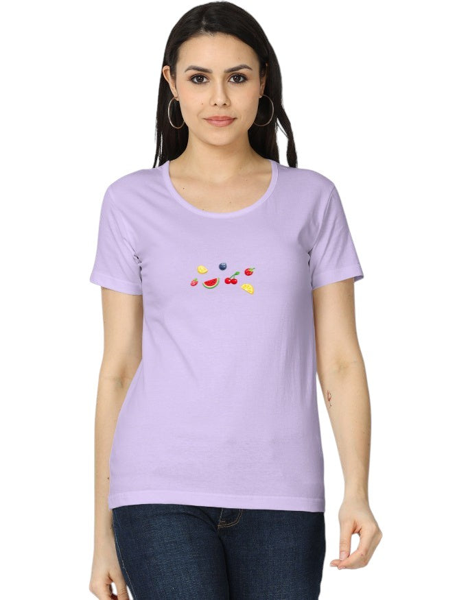Fourthwave women's light purple 100% cotton t-shirt with a small embroidered fruit pattern including watermelon, cherries, and blueberries.