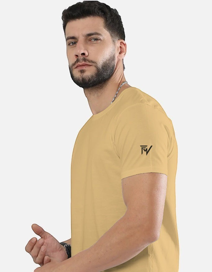Fourthwave Unisex classic crew t-shirt in light yellow 100% cotton with a small black logo on the left sleeve.
