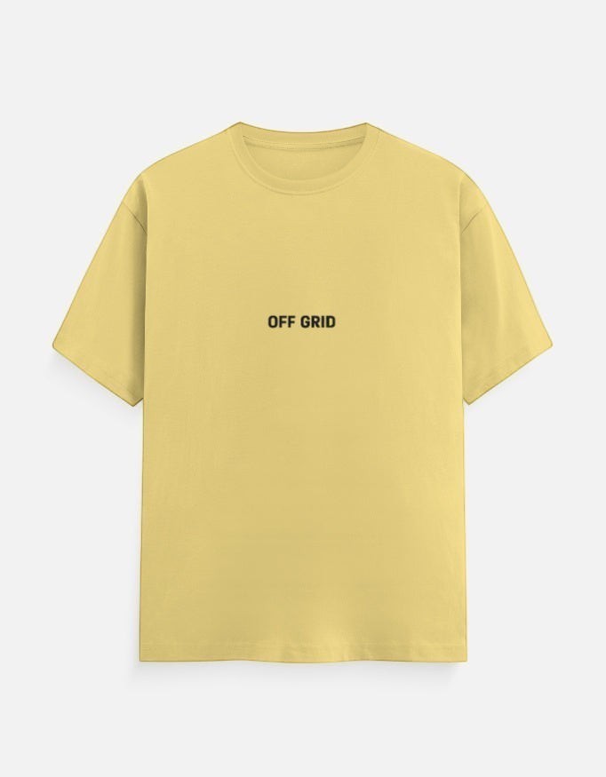 Fourthwave yellow 100% cotton unisex crew neck t-shirt with "OFF GRID" printed on the chest.