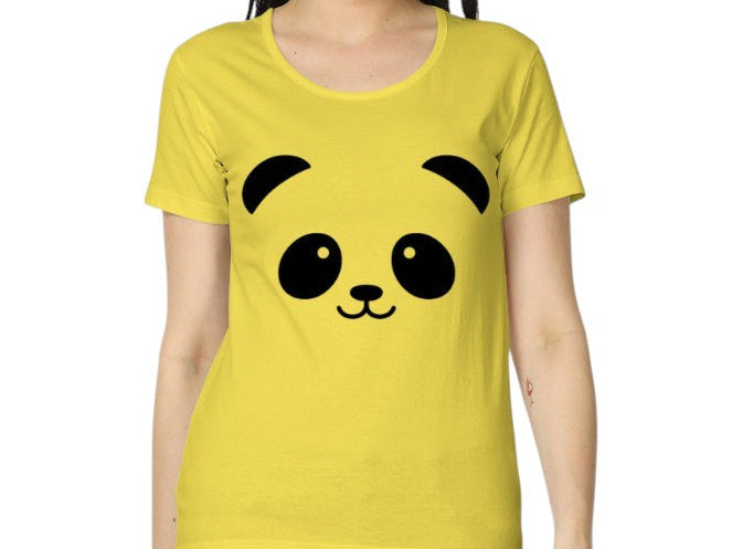 Fourthwave women's yellow 100% cotton t-shirt with a cute black panda face graphic. Regular fit.