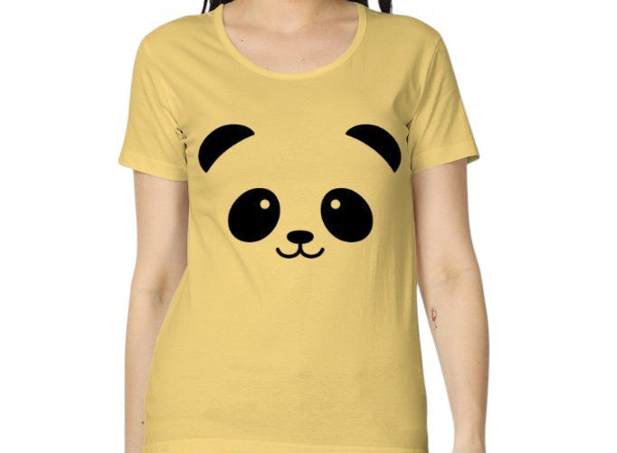 Fourthwave women's yellow 100% cotton t-shirt with a cute black panda face graphic. Regular fit.
